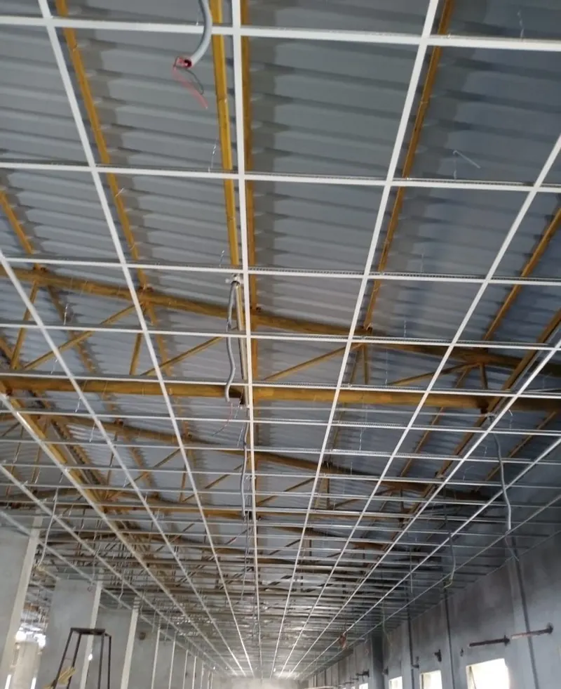 Metal grid framework for a 2×2 ceiling during installation