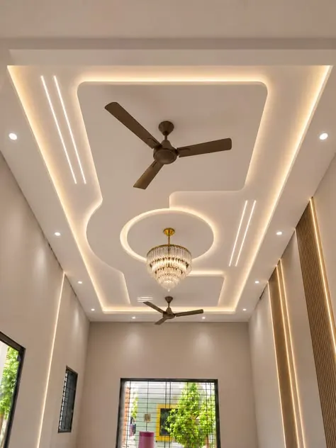 Gypsum ceiling with LED cove lighting, ceiling fan and chandelier