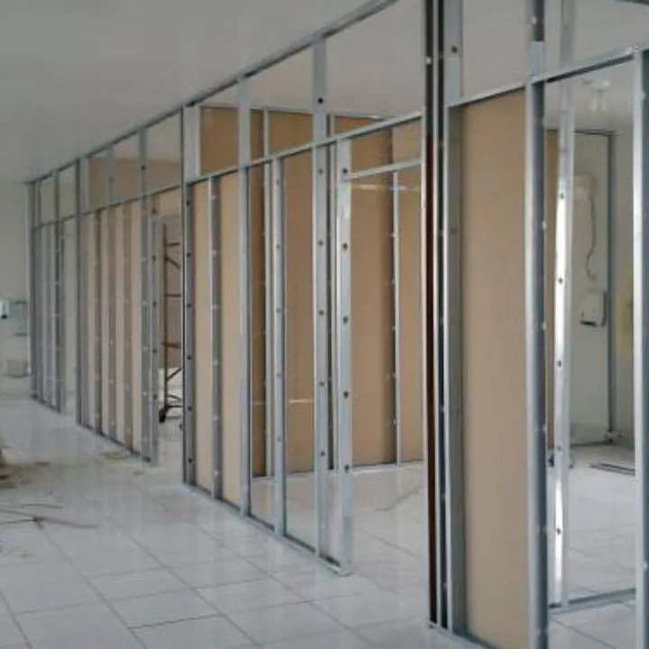 Metal stud framing for a partition wall before the boards are fitted